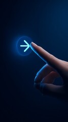 A hand pointing to an arrow on a blue screen