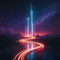 A long, curving road with a bright blue sky in the background