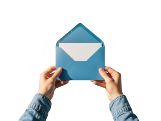 Hands holding a blue open envelope with a white insert on a transparent background for mail and communication concepts