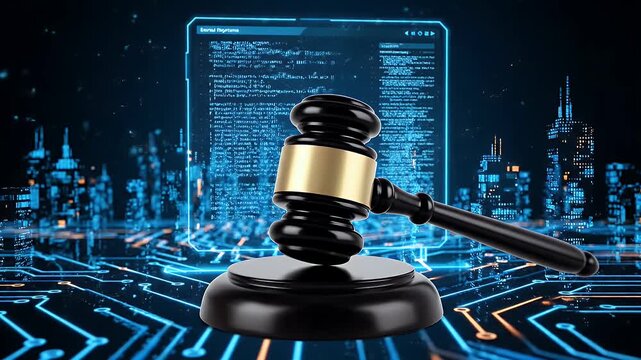 A law gavel represents cyber justice with code technology.