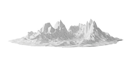 white, low-poly, monolithic mountain landscape with crystalline peaks and sharp, deep shadows, floating on a transparent infinity background with copy space. abstract geometric visualization concept