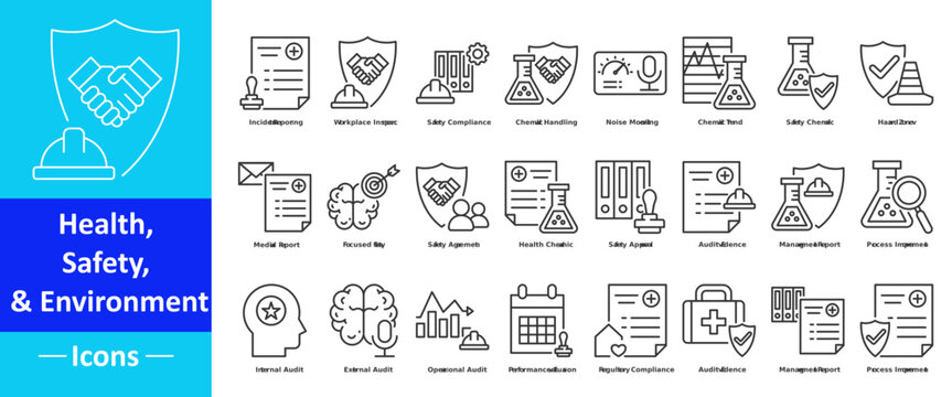 Health safety and environment icon pack in creative outline vector style for workplace safety covering industrial protection occupational health environmental awareness and visual education needs