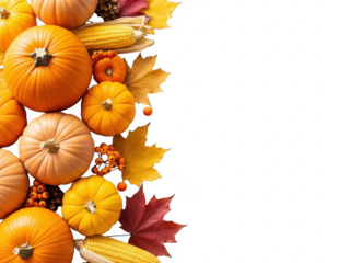 Autumn harvest border with pumpkins, corn, and fall leaves isolated on transparent background for seasonal decoration