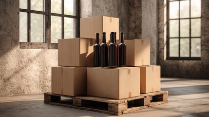 A stack of cardboard boxes and bottles are piled on top of each other