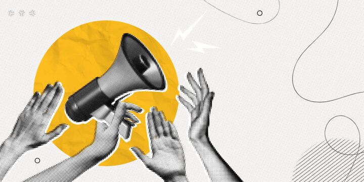Trendy Halftone Collage Protest demonstration with raised hands. Leader with megaphone. Fight for your rights. Voice of community. News and propaganda. Contemporary vector illustration art