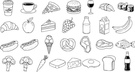 Black and White Line Art Food and Drink Icons Collection. Hand-Drawn Outline Set of Various Meals, Snacks, Fruits, Vegetables, Beverages, and Desserts for Nutrition and Cuisine Industry.