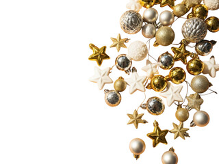 A collection of gold and white christmas ornaments and stars on a transparent background for holiday decoration