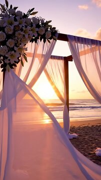 Wedding Canopy Flowing in the Breeze at Sunset on Tropical Beach