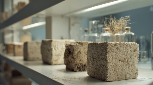 Sustainable bio-based construction material blocks on a shelf in a research laboratory