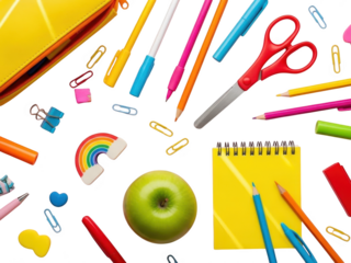 Colorful school supplies and stationery items isolated on transparent background for education and learning