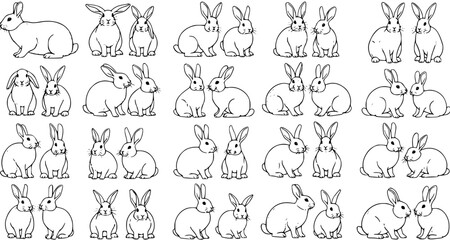 Obraz premium Extensive Collection of Black and White Line Art Rabbits and Bunnies in Diverse Poses, Ideal for Nature, Wildlife, and Pet-Themed Illustrations and Designs