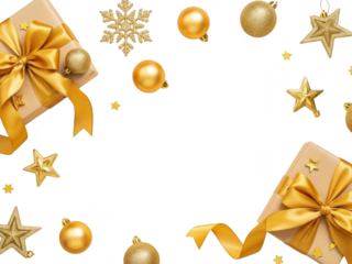 Golden christmas gifts and decorations isolated on transparent background for holiday season