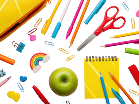 Colorful school supplies and stationery items isolated on transparent background for education and learning - Powered by Adobe