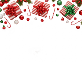 Christmas presents and decorations with candy canes and bows on isolated transparent background for holiday greeting or card