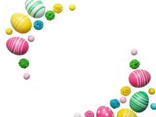 Colorful easter eggs and decorations arranged in a semicircle on transparent background