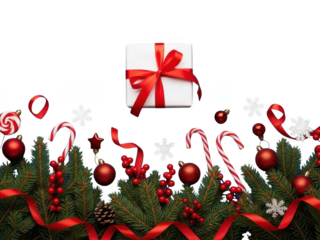 Christmas gift and decorations on a green garland and transparent background