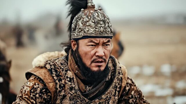 This captivating action shows a powerful Warrior on horseback, leading his forces into battle during the tatar-mongol Empire. Experience the intensity of ancient warfare. This is a video
