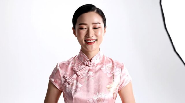 Elegant woman in a cheongsam dress poses with varied emotions against a white backdrop smiling