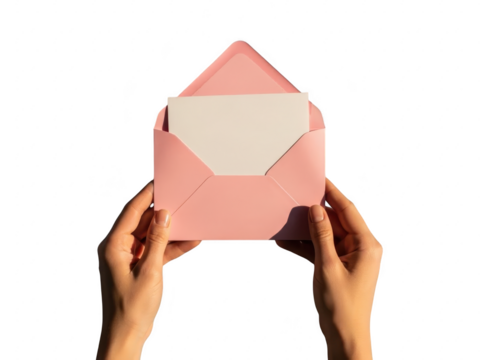 Hands holding a pink envelope with white insert isolated on transparent background - Powered by Adobe