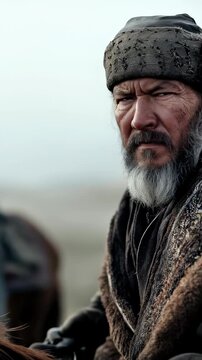 A middle-aged man with a beard is riding a horse. He has a concerned expression. This is from a period themed tatar-mongol production. Horseback riders can be seen in the background