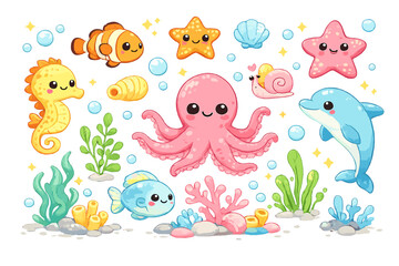 Naklejka premium Cute Underwater Friends Cartoon Collection