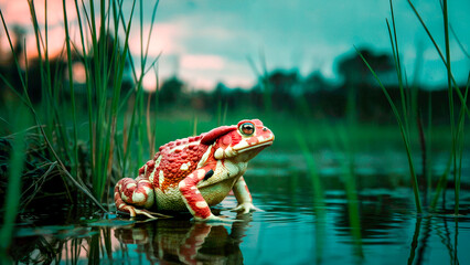 A vibrant red frog sitting in a serene body of water surrounded by lush greenery at sunset