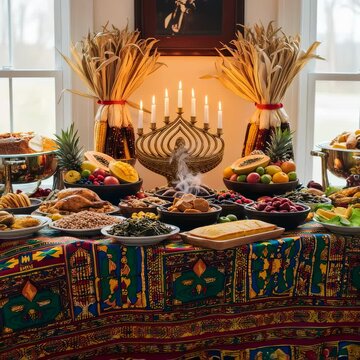 Kwanzaa feast setup with Kinara candles, fresh fruits, vegetables, and steaming dishes arranged on vibrant cloth for celebration