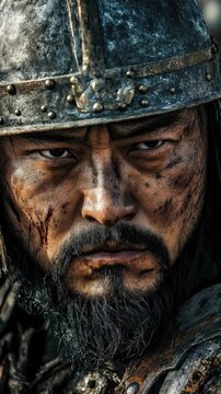 A close-up reveals a strong tatar-mongol warrior, helmeted and scarred. His intense gaze reflects the challenges and determination of historical conflicts. A brief historical video