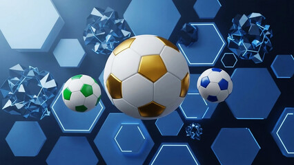 Three soccer balls gold white green blue on abstract blue hexagon background football
