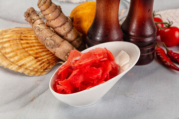 Pickled red ginger in the bowl
