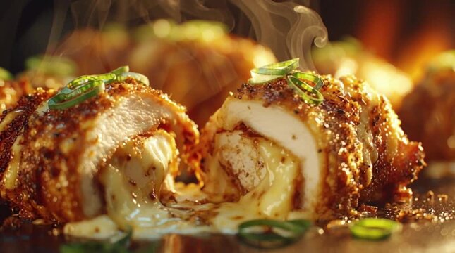 Cooking chicken rolls with melted cheese and herbs for a tasty meal at home