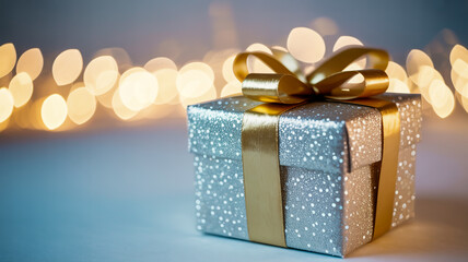 Glittery silver gift box with gold ribbon and bow on a blurred bokeh background