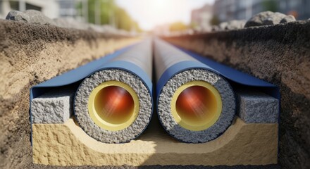 Crosssectional animation showing layers of protective trench insulation surrounding district heating pipes to maintain optimal temperature.