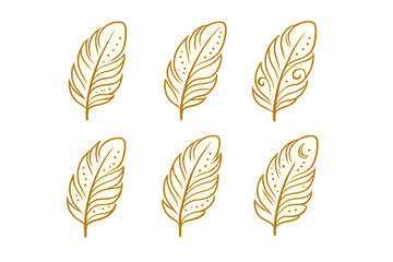 Six glowing golden feathers arranged in two rows on a dark background