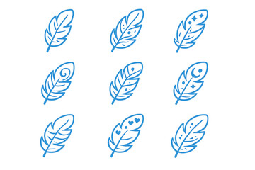 Collection of nine stylized feathers glowing with a blue aura