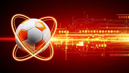 White and orange soccer ball with glowing rings and digital background football sport