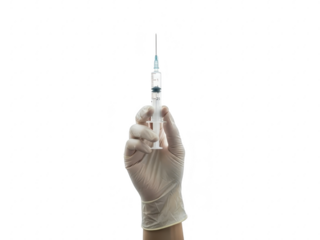 A hand wearing a latex glove holding a syringe up high isolated on transparent background