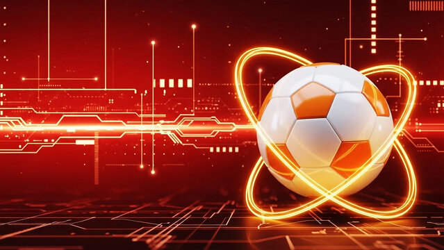 Soccer ball with glowing orange rings on red digital circuit background football - Powered by Adobe