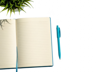 Open notebook and blue pen on transparent background for writing and education
