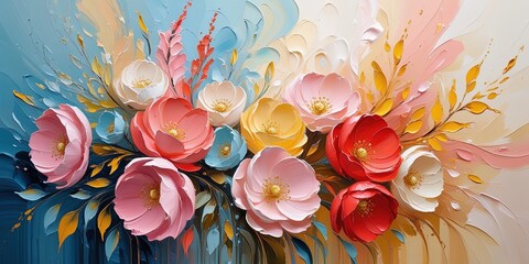 Joyful, detailed floral oil painting: pink, coral, red, white, yellow blooms. Impasto, flowing, abstract pastel background. Modern impressionist. Wallart.