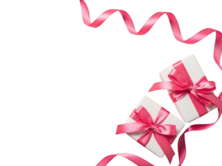Two white gift boxes with pink ribbons and bows isolated on transparent background for birthday or holiday concept