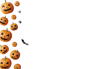 Halloween themed jackolanterns, spiders, and bats on transparent background for decoration or party invitation
