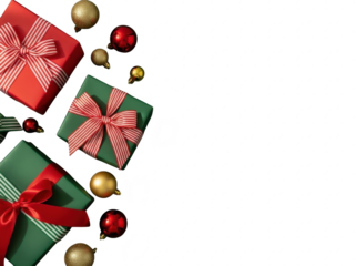 Colorful presents with red and green wrapping and ribbons surrounded by christmas ornaments isolated on transparent background for holiday decoration