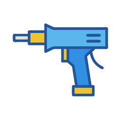 Blue soldering gun icon graphic with yellow accents isolated