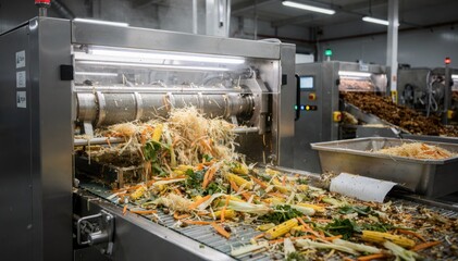 Medium shot of automated machinery extracting fiber from vegetable residues illustrating innovative technology in ecofriendly ingredient transformation.