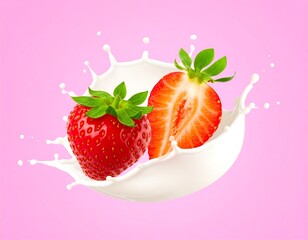 Fresh strawberries splashing in milk on pink background