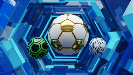 Three soccer balls gold green white in blue abstract tunnel football