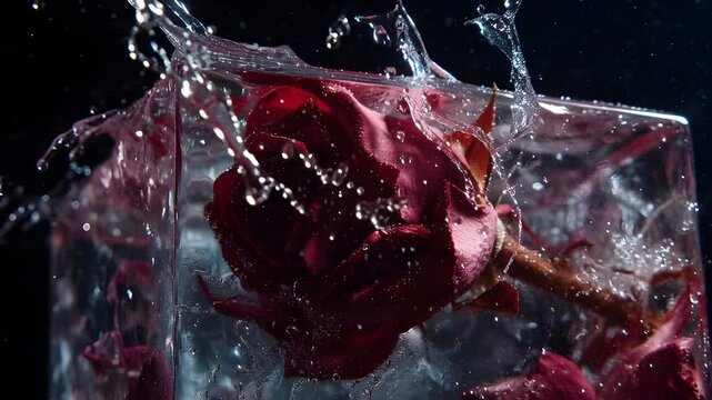 Dramatic red rose frozen in ice with splashing water