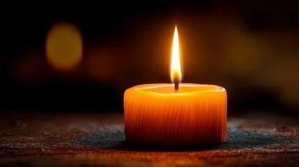 Close-up of a lit orange candle on a weathered wooden surface, with a blurred dark background and a soft glow