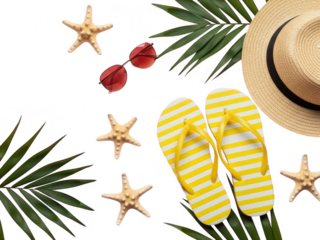 Summer vacation accessories isolated on transparent background with flip flops and hat